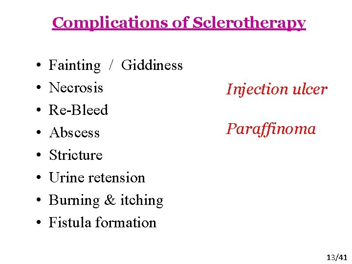 Complications of Sclerotherapy • • Fainting / Giddiness Necrosis Re-Bleed Abscess Stricture Urine retension