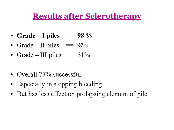 Results after Sclerotherapy • Grade – I piles == 98 % • Grade –