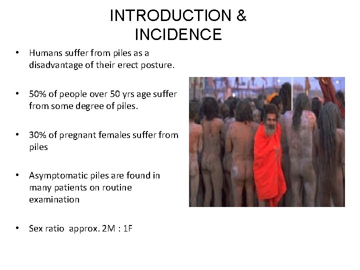INTRODUCTION & INCIDENCE • Humans suffer from piles as a disadvantage of their erect