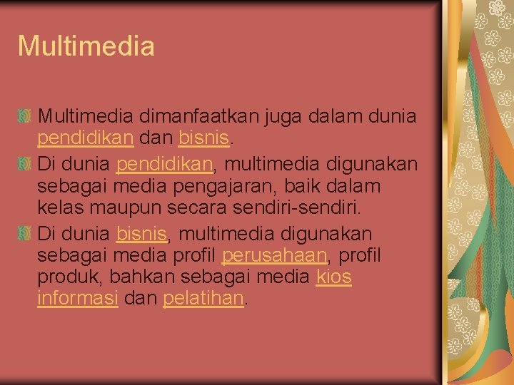 Multimedia dimanfaatkan juga dalam dunia pendidikan dan bisnis. Di dunia pendidikan, multimedia digunakan sebagai