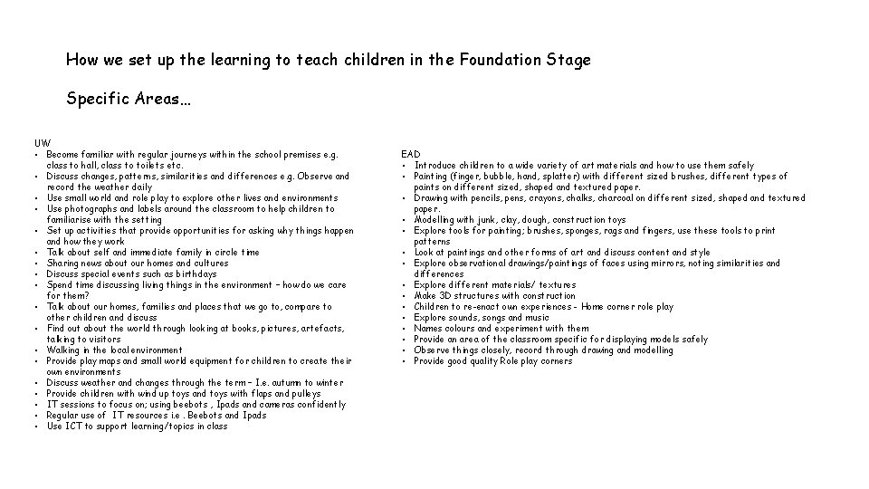 How we set up the learning to teach children in the Foundation Stage Specific