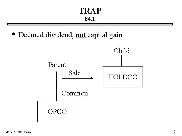 TRAP 84. 1 • Deemed dividend, not capital gain Child Parent Sale HOLDCO Common