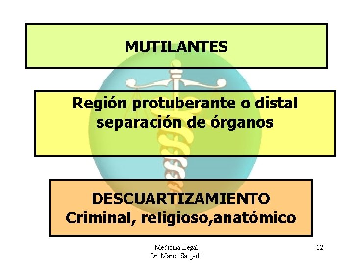 MUTILANTES Región protuberante o distal separación de órganos DESCUARTIZAMIENTO Criminal, religioso, anatómico Medicina Legal