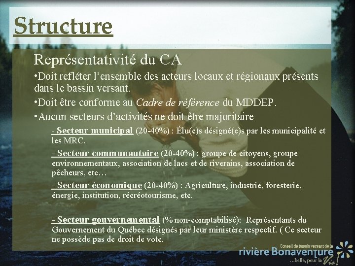 Structure Représentativité du CA • Doit refléter l’ensemble des acteurs locaux et régionaux présents