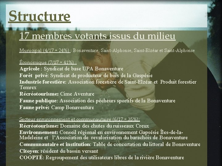 Structure 17 membres votants issus du milieu Municipal (4/17 = 24%) : Bonaventure, Saint-Alphonse,