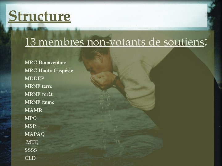 Structure 13 membres non-votants de soutiens: MRC Bonaventure MRC Haute-Gaspésie MDDEP MRNF terre MRNF