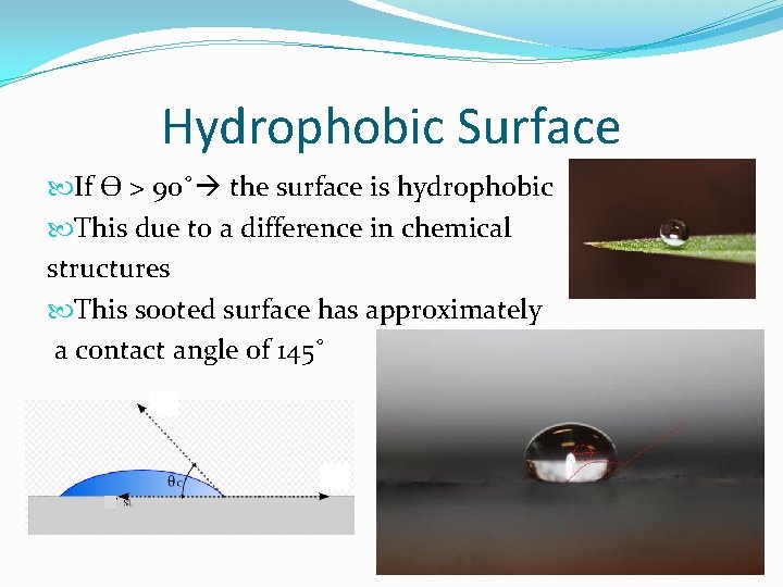 Hydrophobic Surface If Ѳ > 90˚ the surface is hydrophobic This due to a