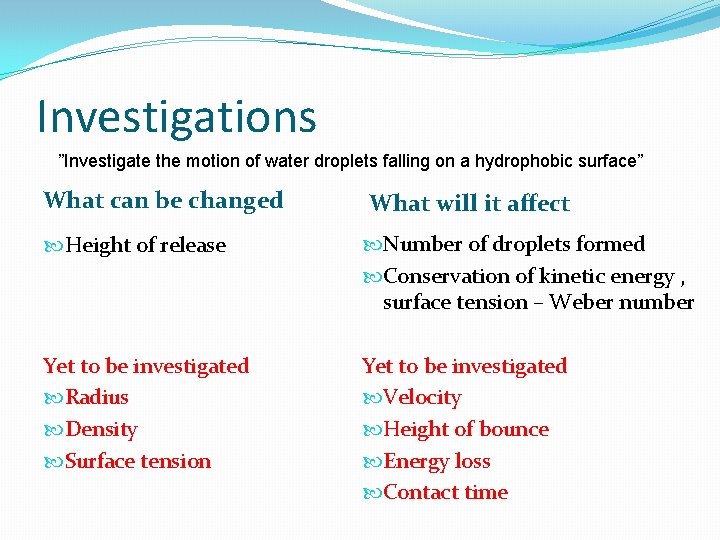 Investigations ”Investigate the motion of water droplets falling on a hydrophobic surface” What can