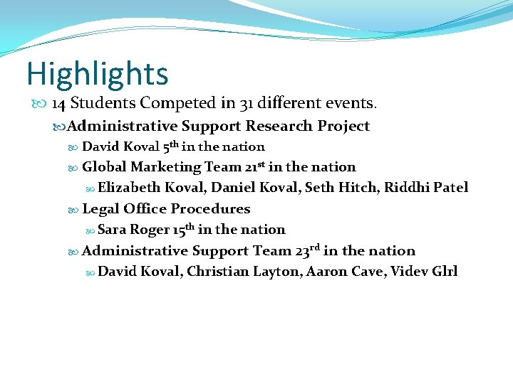 Highlights 14 Students Competed in 31 different events. Administrative Support Research Project David Koval
