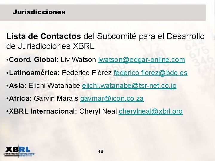 Jurisdicciones Lista de Contactos del Subcomité para el Desarrollo de Jurisdicciones XBRL • Coord.