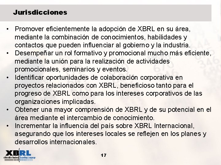 Jurisdicciones • Promover eficientemente la adopción de XBRL en su área, mediante la combinación