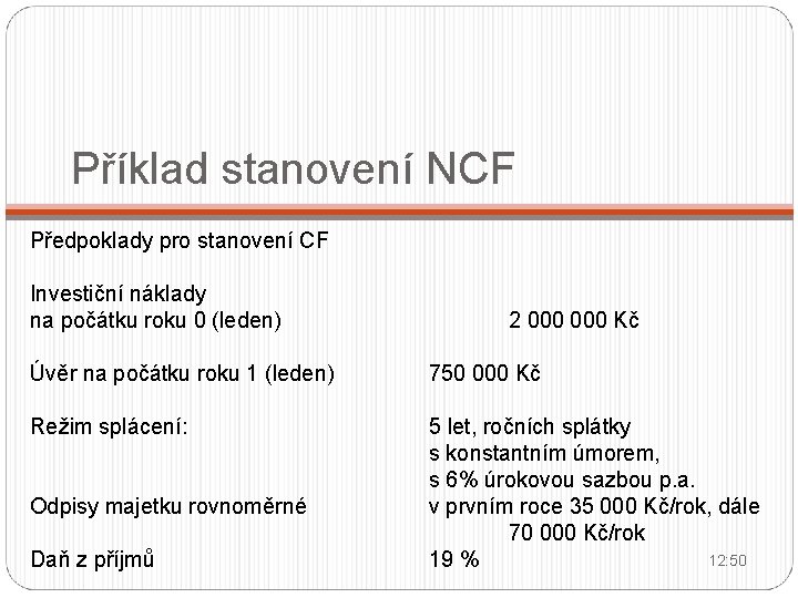 Příklad stanovení NCF Předpoklady pro stanovení CF Investiční náklady na počátku roku 0 (leden)