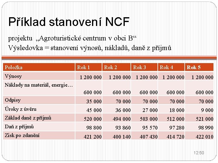 Příklad stanovení NCF projektu „Agroturistické centrum v obci B“ Výsledovka = stanovení výnosů, nákladů,