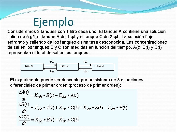 Ejemplo Consideremos 3 tanques con 1 litro cada uno. El tanque A contiene una