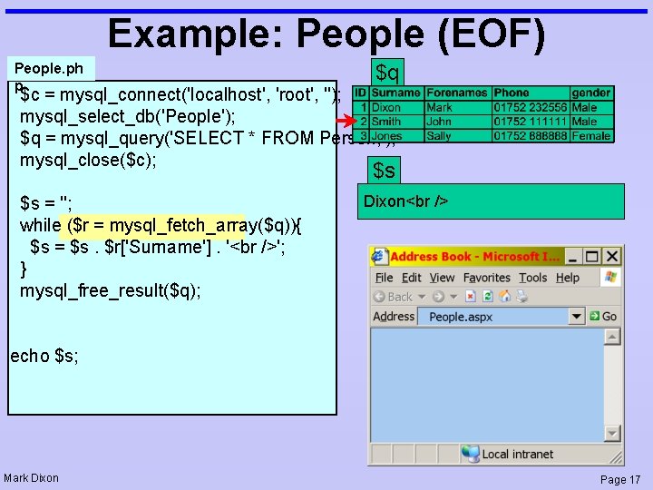 Example: People (EOF) People. ph p $q $c = mysql_connect('localhost', 'root', ''); mysql_select_db('People'); $q