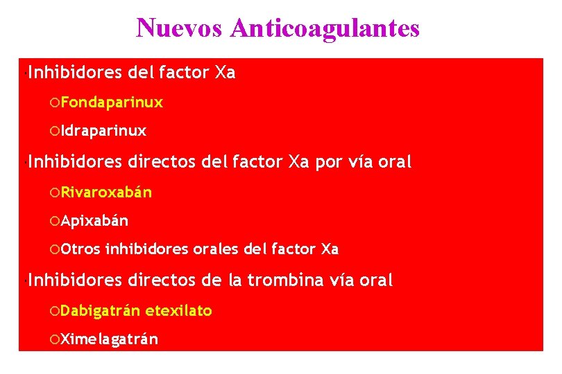 Nuevos Anticoagulantes Inhibidores del factor Xa Fondaparinux Idraparinux Inhibidores directos del factor Xa por