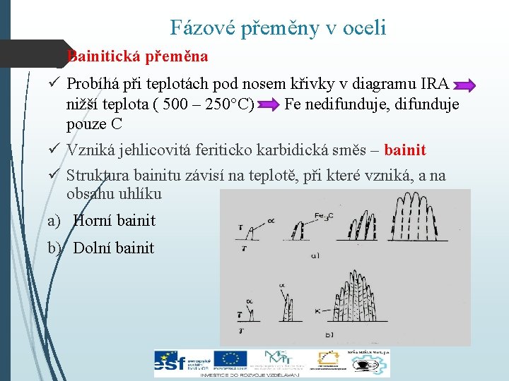 Fázové přeměny v oceli Bainitická přeměna ü Probíhá při teplotách pod nosem křivky v