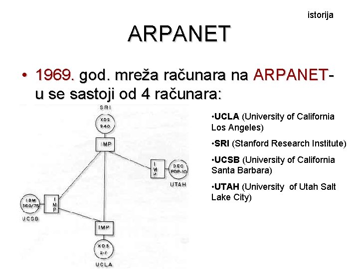 istorija ARPANET • 1969. god. mreža računara na ARPANETu se sastoji od 4 računara: