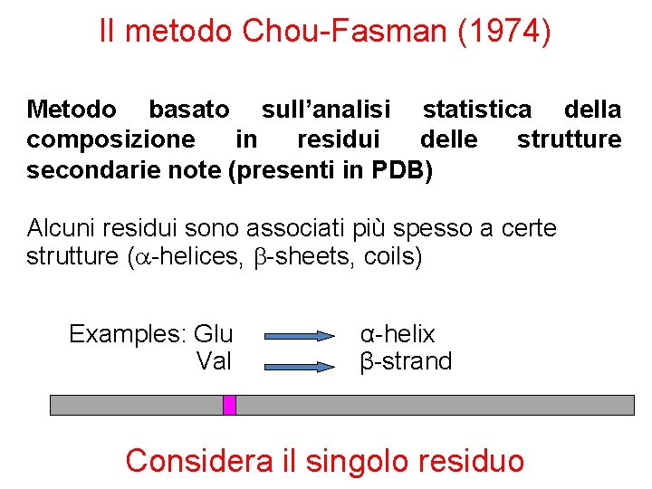 Il metodo Chou-Fasman (1974) Metodo basato sull’analisi statistica della composizione in residui delle strutture