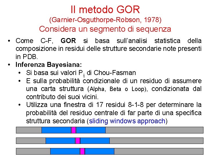 Il metodo GOR (Garnier-Osguthorpe-Robson, 1978) Considera un segmento di sequenza • Come C-F, GOR