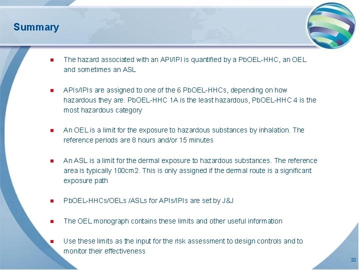 Summary n The hazard associated with an API/IPI is quantified by a Pb. OEL-HHC, Summary n The hazard associated with an API/IPI is quantified by a Pb. OEL-HHC,