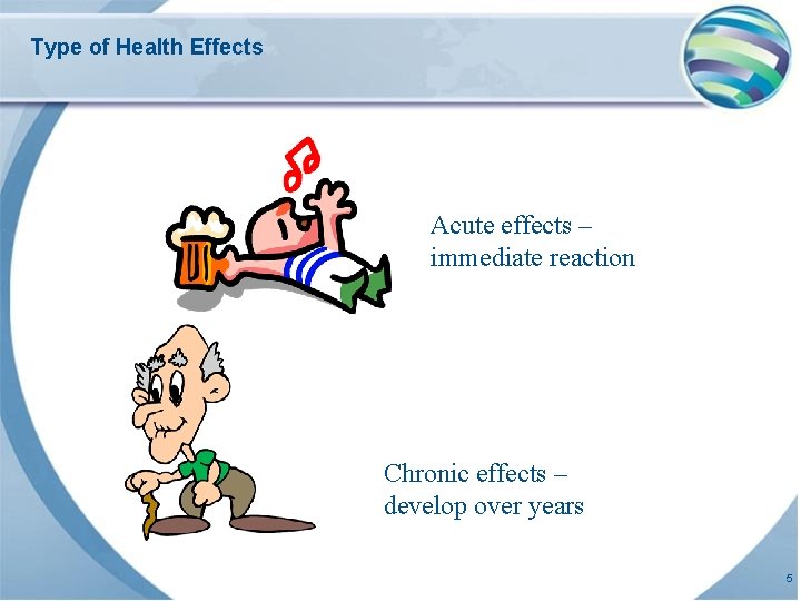 Type of Health Effects Acute effects – immediate reaction Chronic effects – develop over Type of Health Effects Acute effects – immediate reaction Chronic effects – develop over