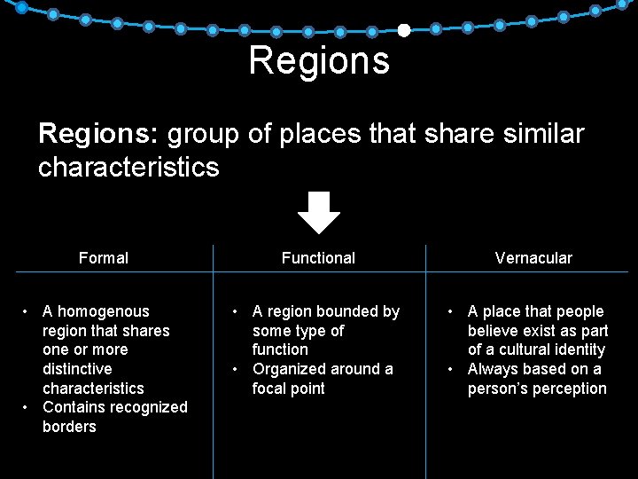 Regions: group of places that share similar characteristics Formal Functional • A homogenous region