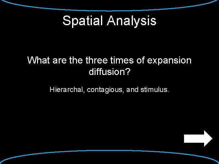 Spatial Analysis What are three times of expansion diffusion? Hierarchal, contagious, and stimulus. 