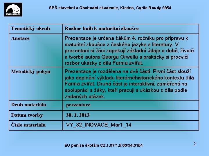 SPŠ stavební a Obchodní akademie, Kladno, Cyrila Boudy 2954 Tematický okruh Rozbor knih k