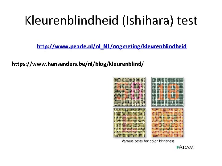 Kleurenblindheid (Ishihara) test http: //www. pearle. nl/nl_NL/oogmeting/kleurenblindheid https: //www. hansanders. be/nl/blog/kleurenblind/ 