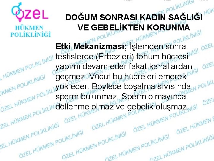 DOĞUM SONRASI KADIN SAĞLIĞI VE GEBELİKTEN KORUNMA Etki Mekanizması; İşlemden sonra testislerde (Erbezleri) tohum