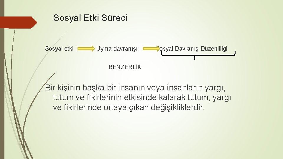 Sosyal Etki Süreci Sosyal etki Uyma davranışı Sosyal Davranış Düzenliliği BENZERLİK Bir kişinin başka