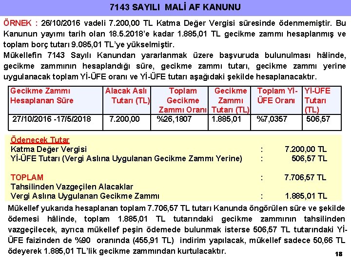 7143 SAYILI MALİ AF KANUNU ÖRNEK : 26/10/2016 vadeli 7. 200, 00 TL Katma