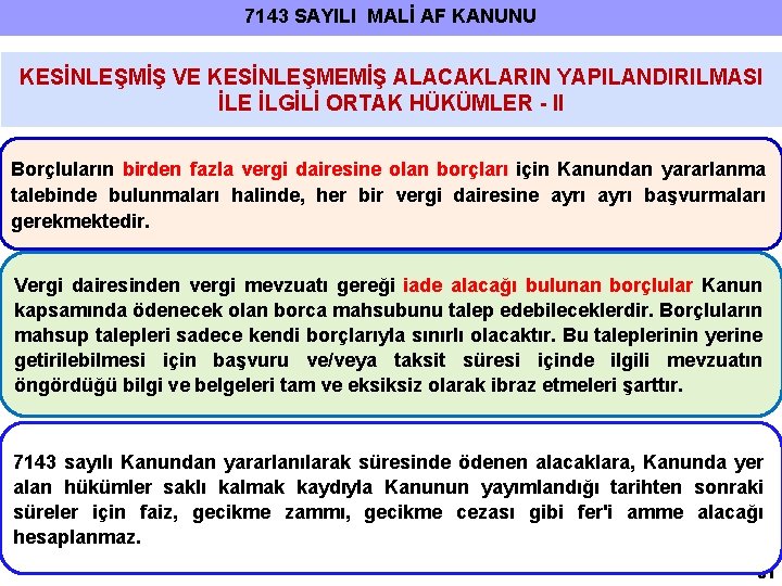 7143 SAYILI MALİ AF KANUNU KESİNLEŞMİŞ VE KESİNLEŞMEMİŞ ALACAKLARIN YAPILANDIRILMASI İLE İLGİLİ ORTAK HÜKÜMLER