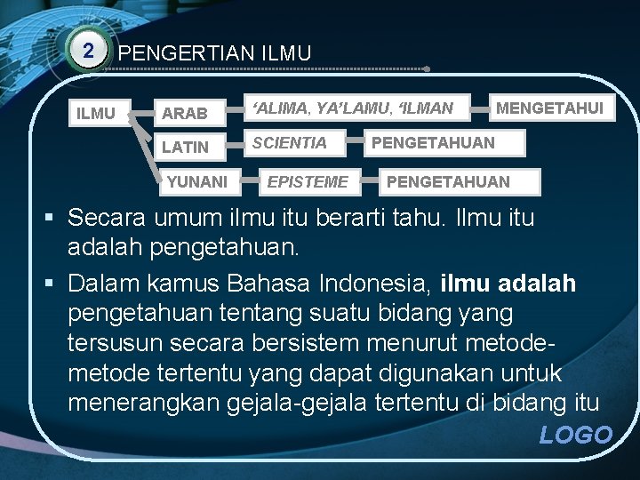 2 ILMU PENGERTIAN ILMU ARAB ‘ALIMA, YA’LAMU, ‘ILMAN LATIN SCIENTIA YUNANI EPISTEME MENGETAHUI PENGETAHUAN