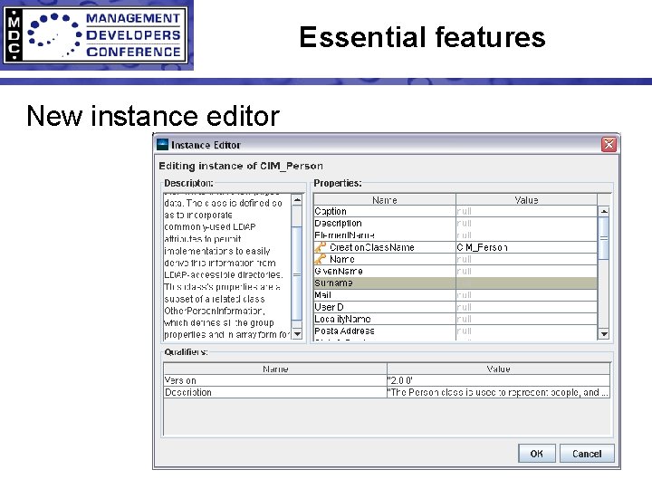 Essential features New instance editor 