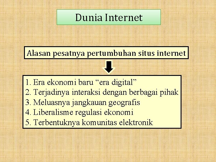 Dunia Internet Alasan pesatnya pertumbuhan situs internet 1. Era ekonomi baru “era digital” 2.