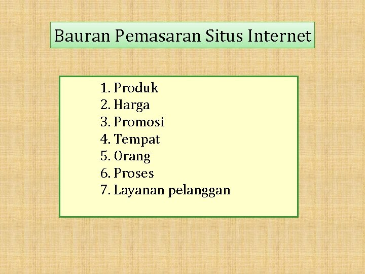 Bauran Pemasaran Situs Internet 1. Produk 2. Harga 3. Promosi 4. Tempat 5. Orang