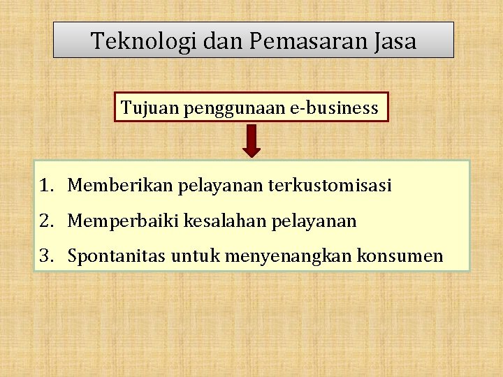 Teknologi dan Pemasaran Jasa Tujuan penggunaan e-business 1. Memberikan pelayanan terkustomisasi 2. Memperbaiki kesalahan