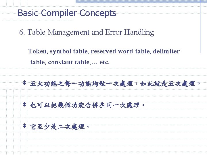 Basic Compiler Concepts 6. Table Management and Error Handling Token, symbol table, reserved word
