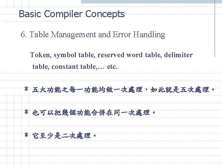 Basic Compiler Concepts 6. Table Management and Error Handling Token, symbol table, reserved word Basic Compiler Concepts 6. Table Management and Error Handling Token, symbol table, reserved word