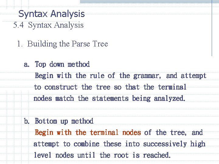 Syntax Analysis 5. 4 Syntax Analysis 1. Building the Parse Tree a. Top down