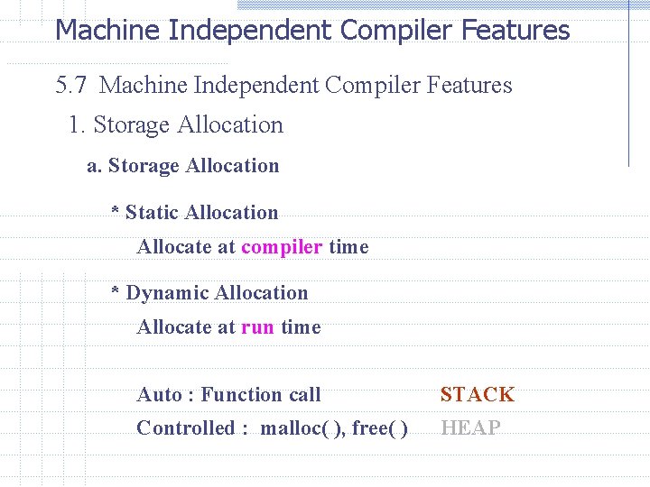 Machine Independent Compiler Features 5. 7 Machine Independent Compiler Features 1. Storage Allocation a.