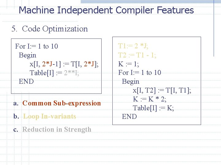 Machine Independent Compiler Features 5. Code Optimization For I: = 1 to 10 Begin