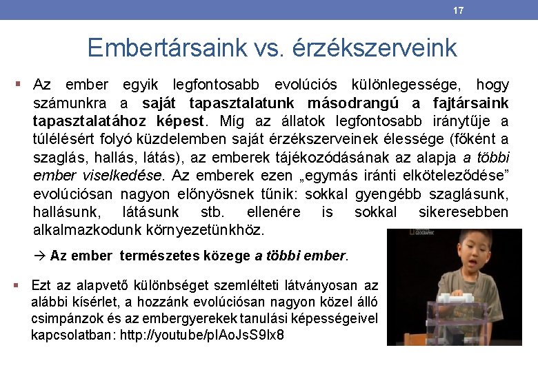 17 Embertársaink vs. érzékszerveink § Az ember egyik legfontosabb evolúciós különlegessége, hogy számunkra a