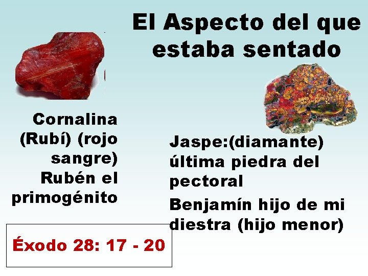 El Aspecto del que estaba sentado Cornalina (Rubí) (rojo sangre) Rubén el primogénito Éxodo