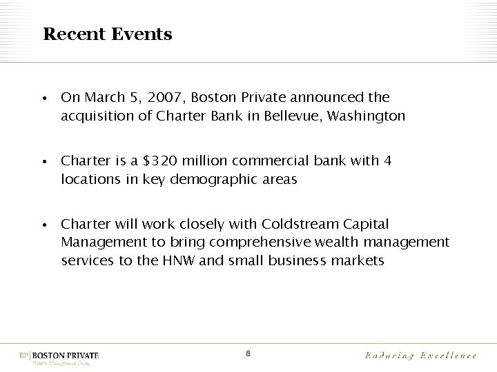 Recent Events • On March 5, 2007, Boston Private announced the acquisition of Charter