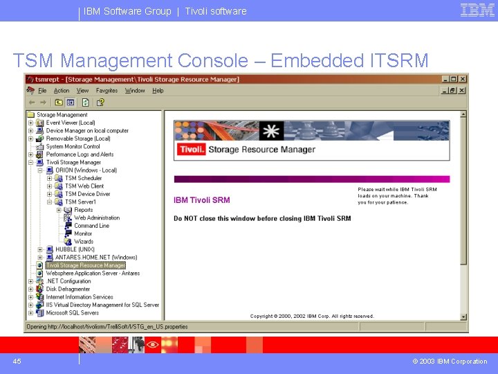 IBM Software Group | Tivoli software TSM Management Console – Embedded ITSRM 45 ©