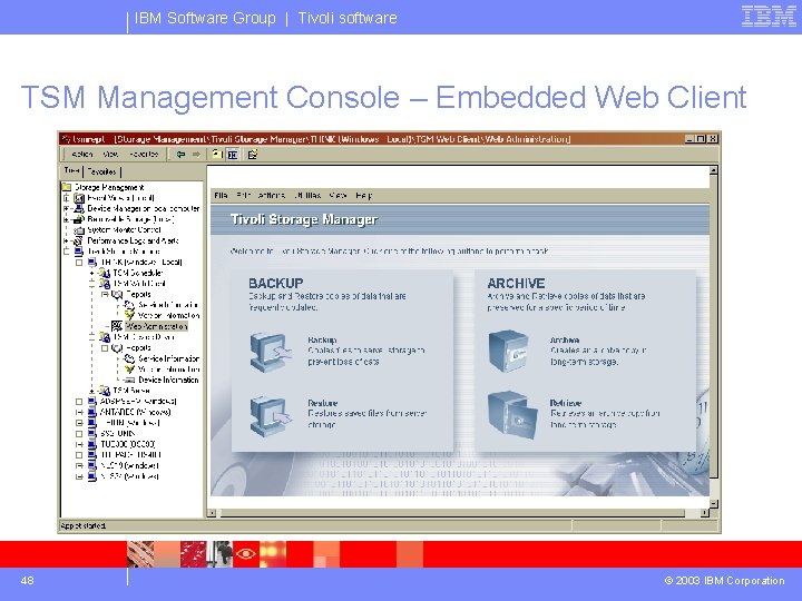 IBM Software Group | Tivoli software TSM Management Console – Embedded Web Client 48