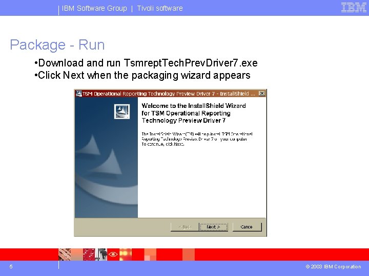 IBM Software Group | Tivoli software Package - Run • Download and run Tsmrept.